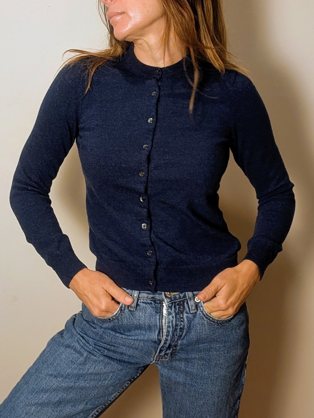 Brooks Brothers Navy Button-Front Crew Cardigan